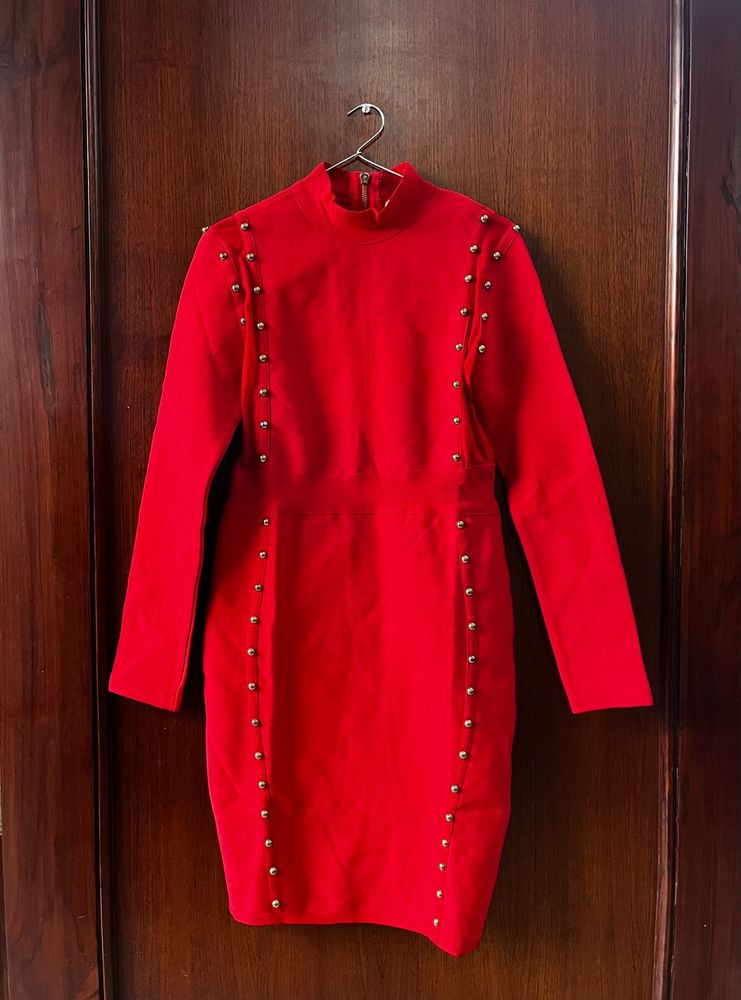 Red Studded Long Sleeve Mini Dress