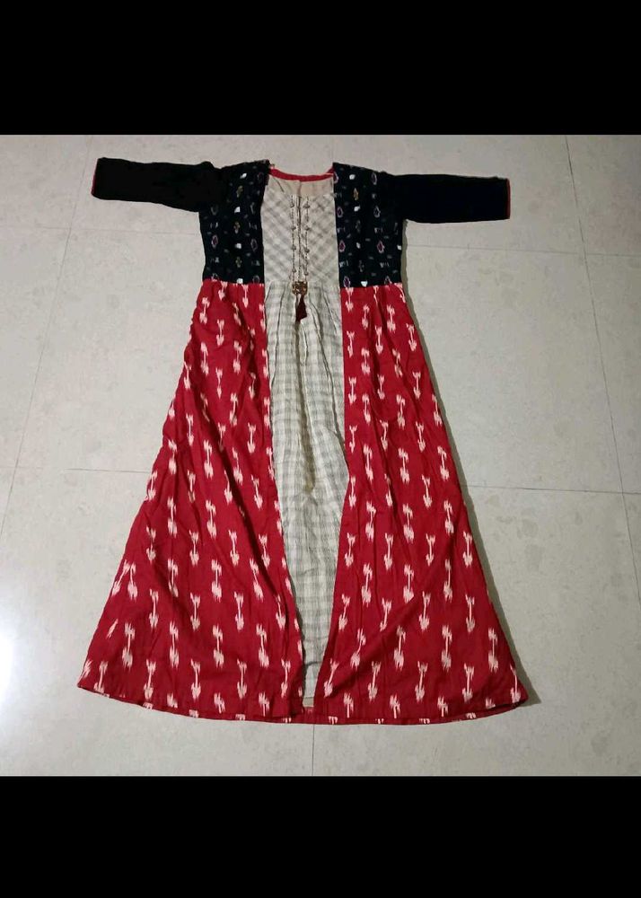 Boho Red Ikat Print Maxi Dress with Black Sleeves