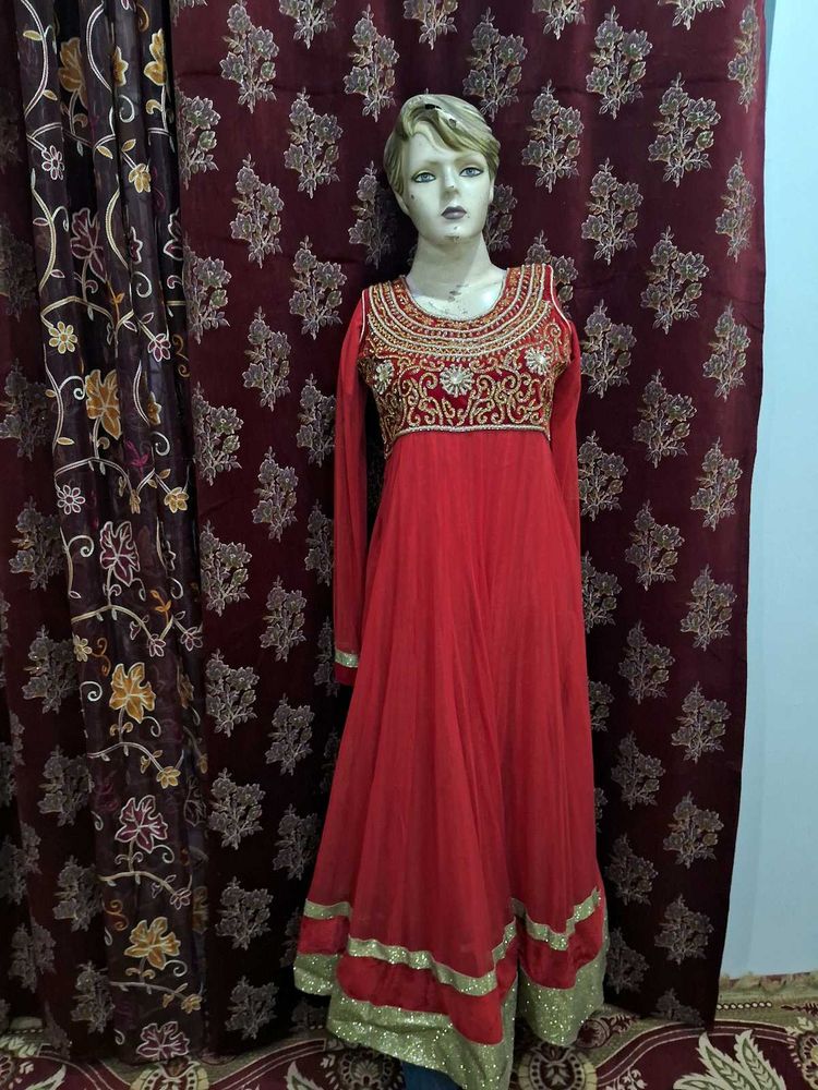 Red &amp; Gold Embellished Anarkali Dress