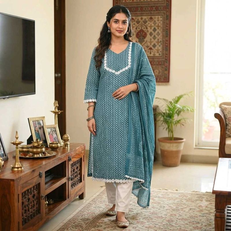 Teal Blue Printed Kurta