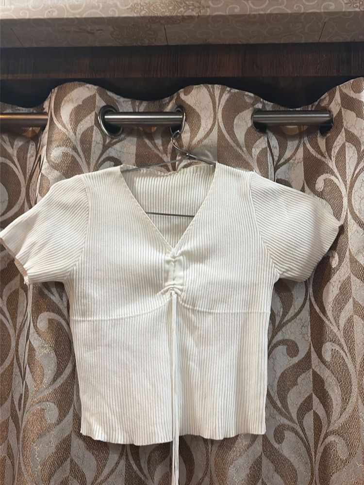 White Ribbed V-Neck Top