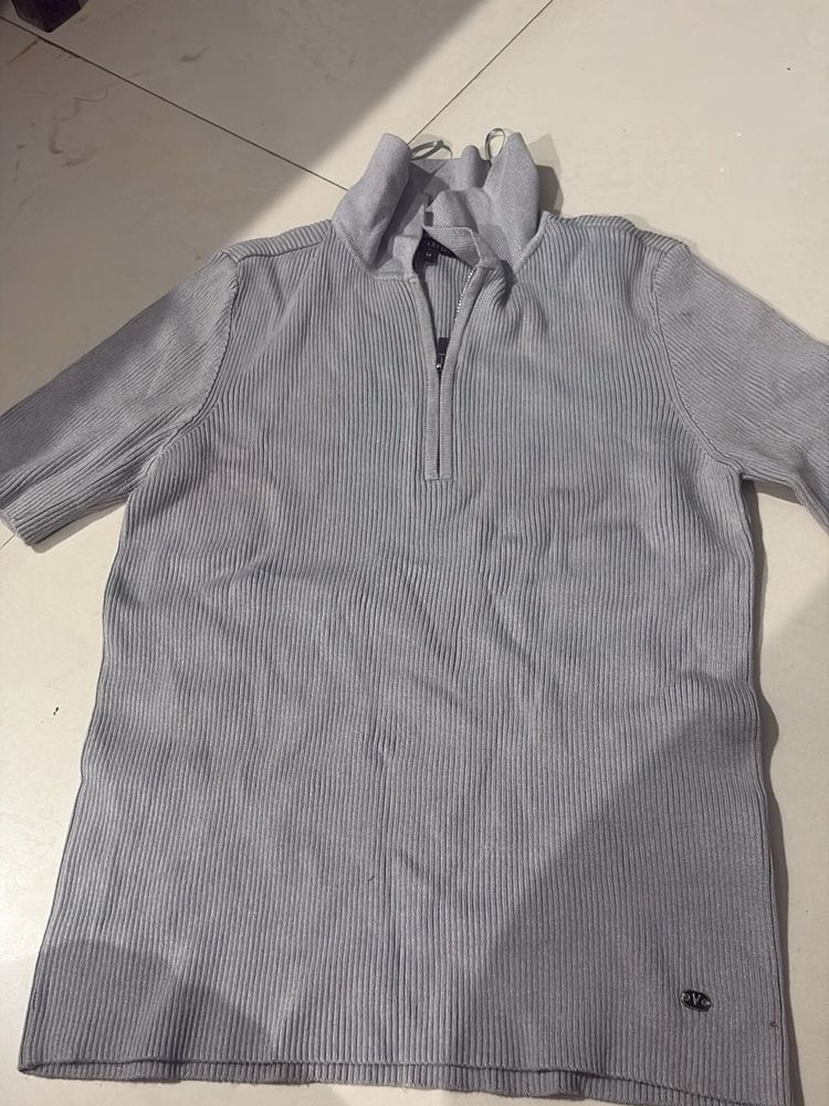 Grey Ribbed Half Zip Top