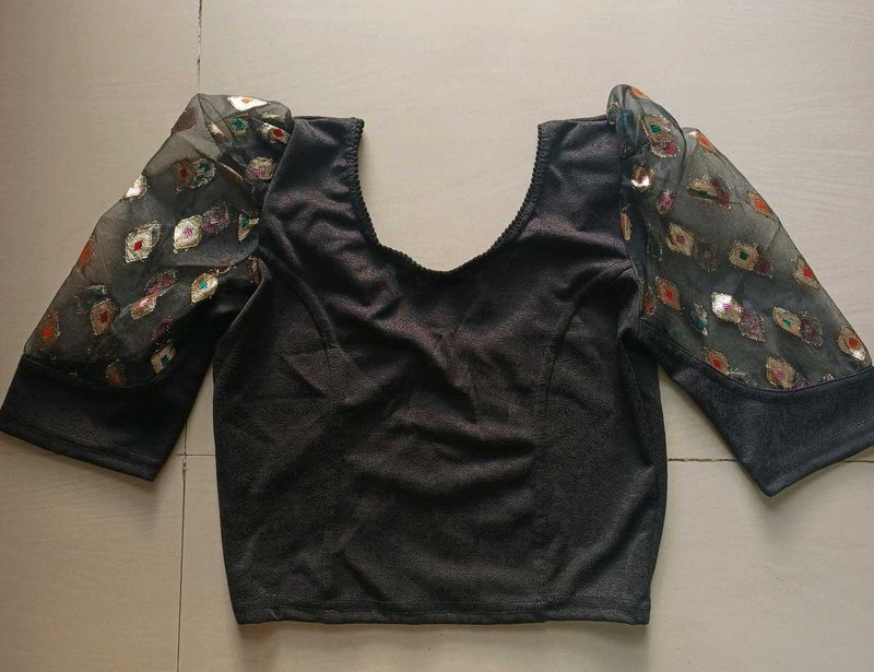 Elegant Black Blouse with Sheer Sleeves