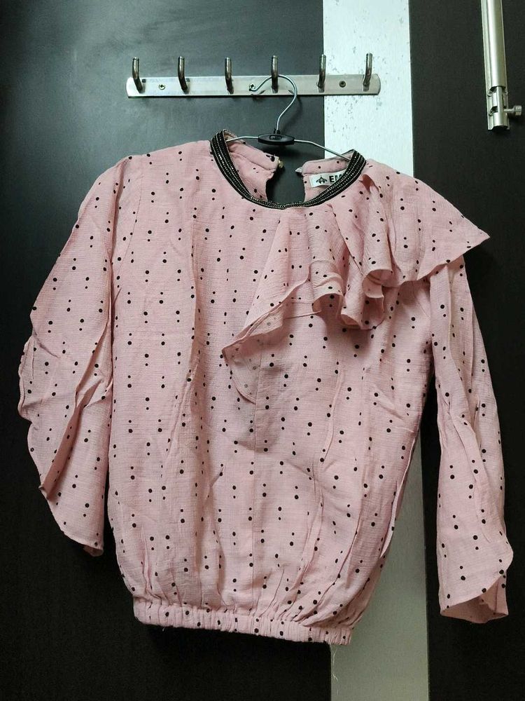 Chic Pink Polka Dot Ruffle Top
