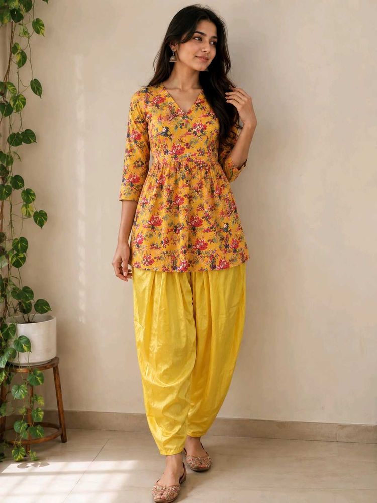 Yellow Floral Kurta with Dhoti Pants