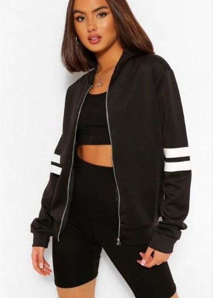 Black Bomber Jacket with White Stripes