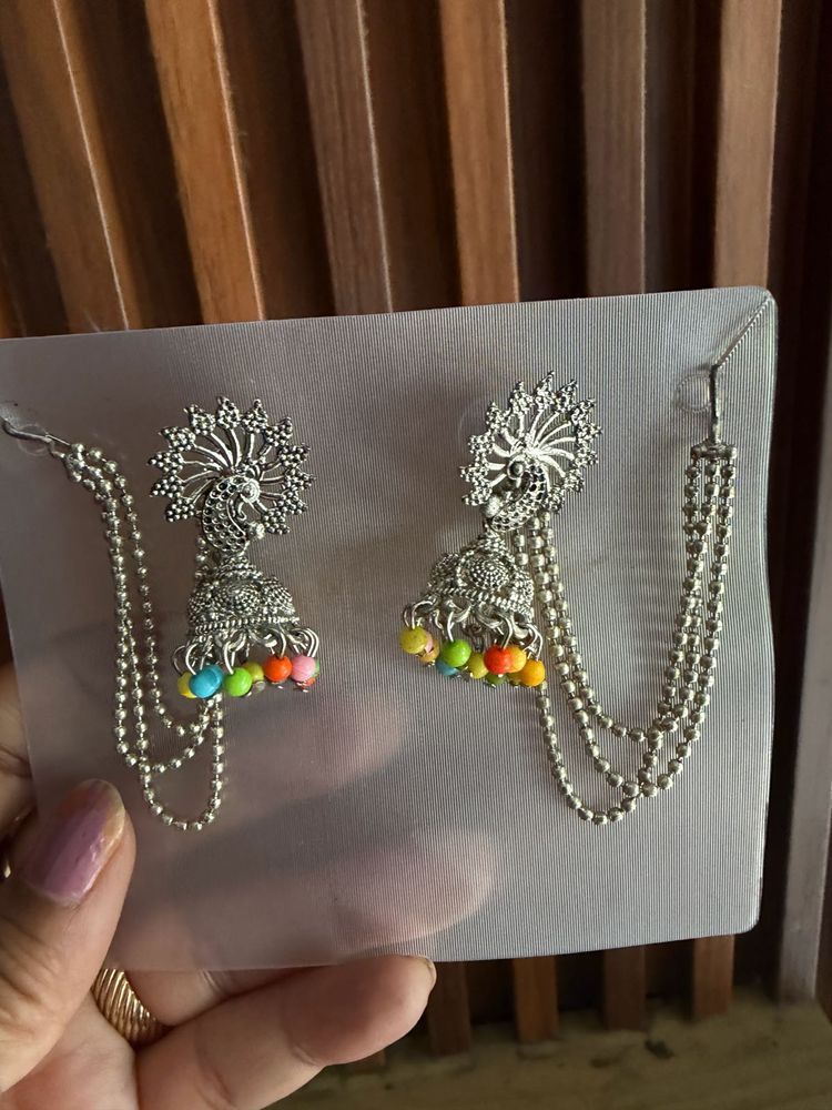 combo Oxidized Silver Jhumka Earrings with Colorfu