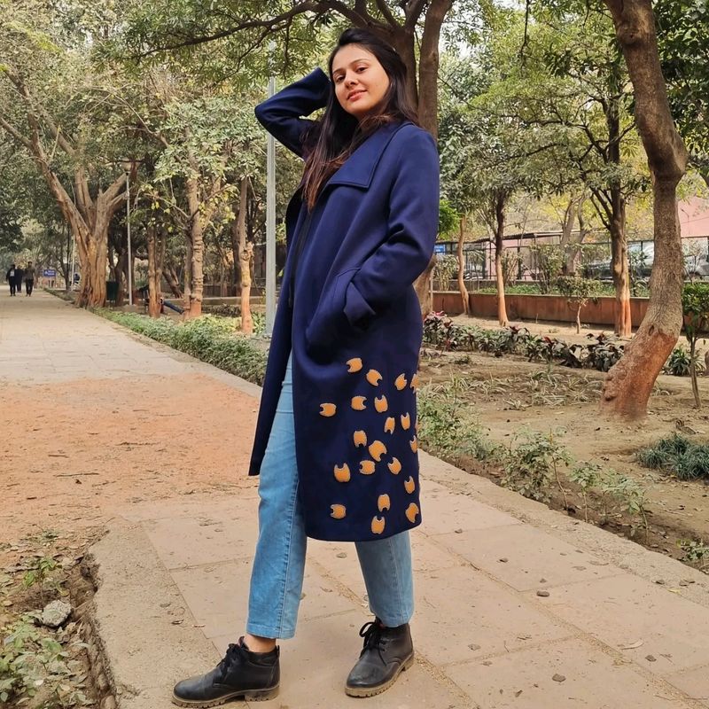 Navy Blue Overcoat Hand Embroidered Applique Work.