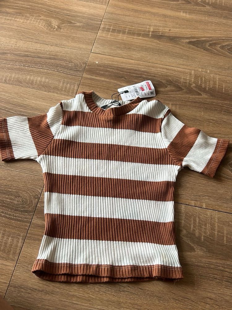 Brown &amp; White Striped Ribbed Top