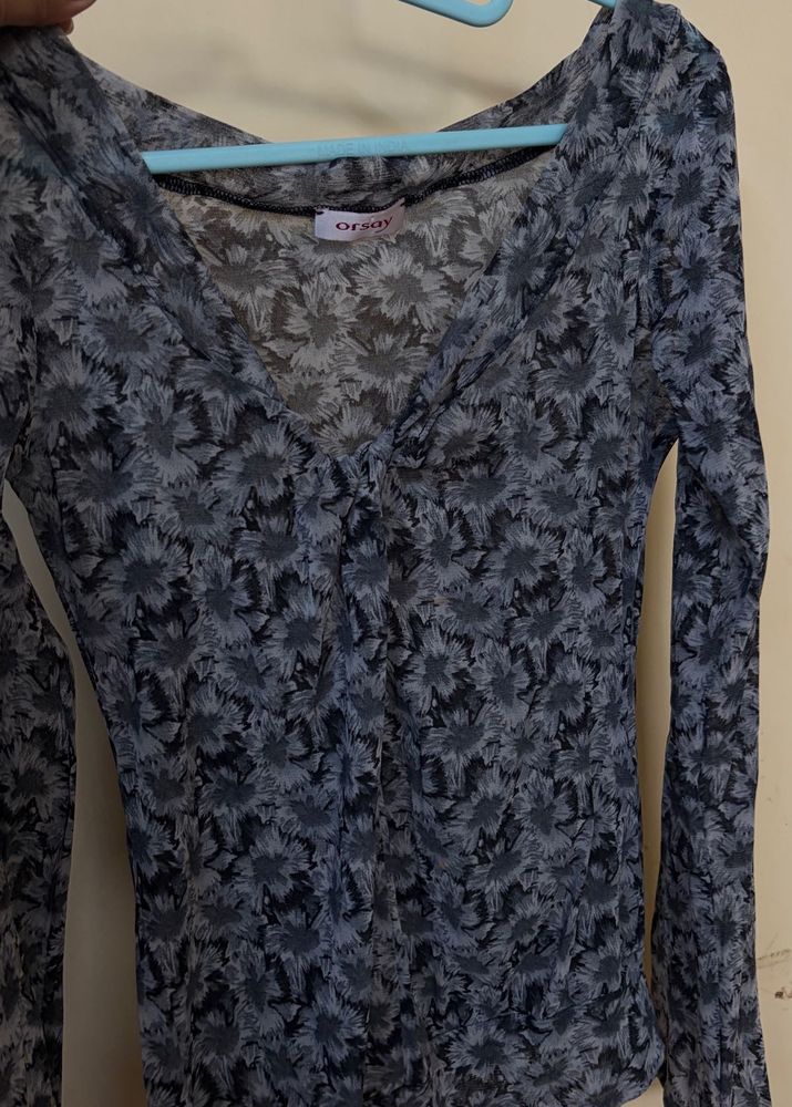 Sheer Floral Print V-Neck Top