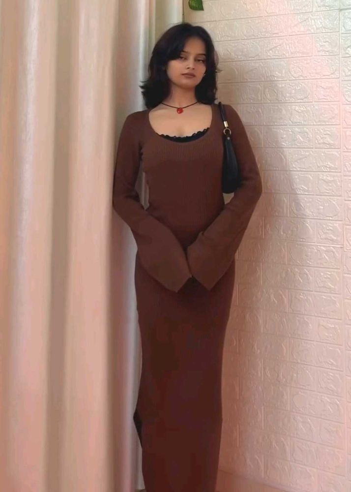 Brown Ribbed Bell Sleeve Maxi Dress