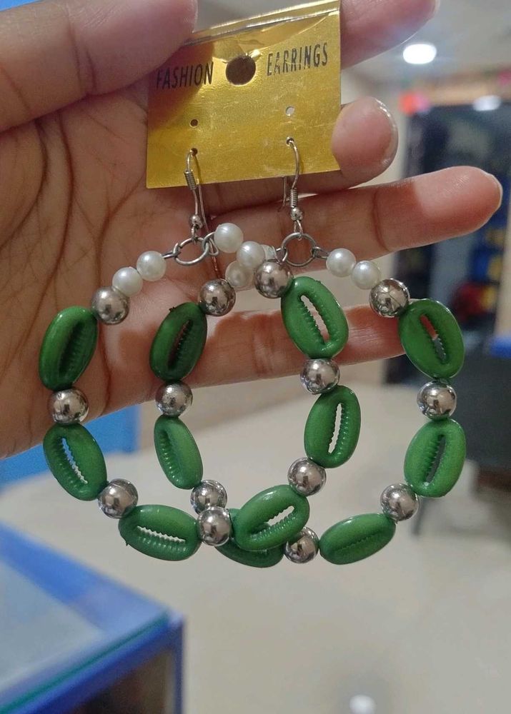 Boho Green Shell Hoop Earrings