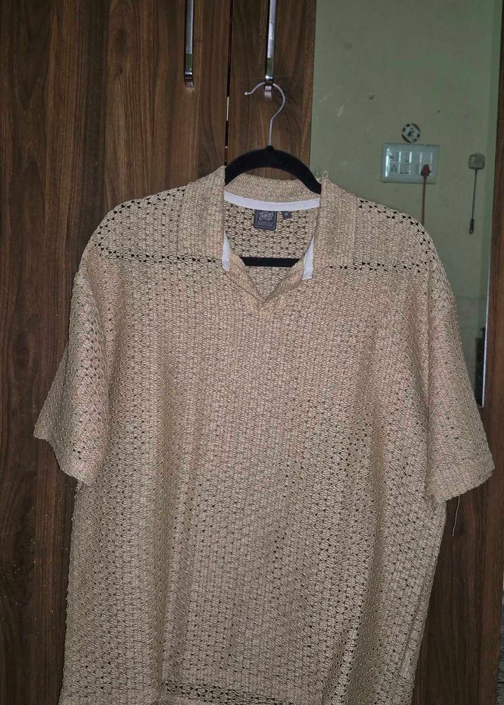 Unisex Beige Crochet Button-Up Top