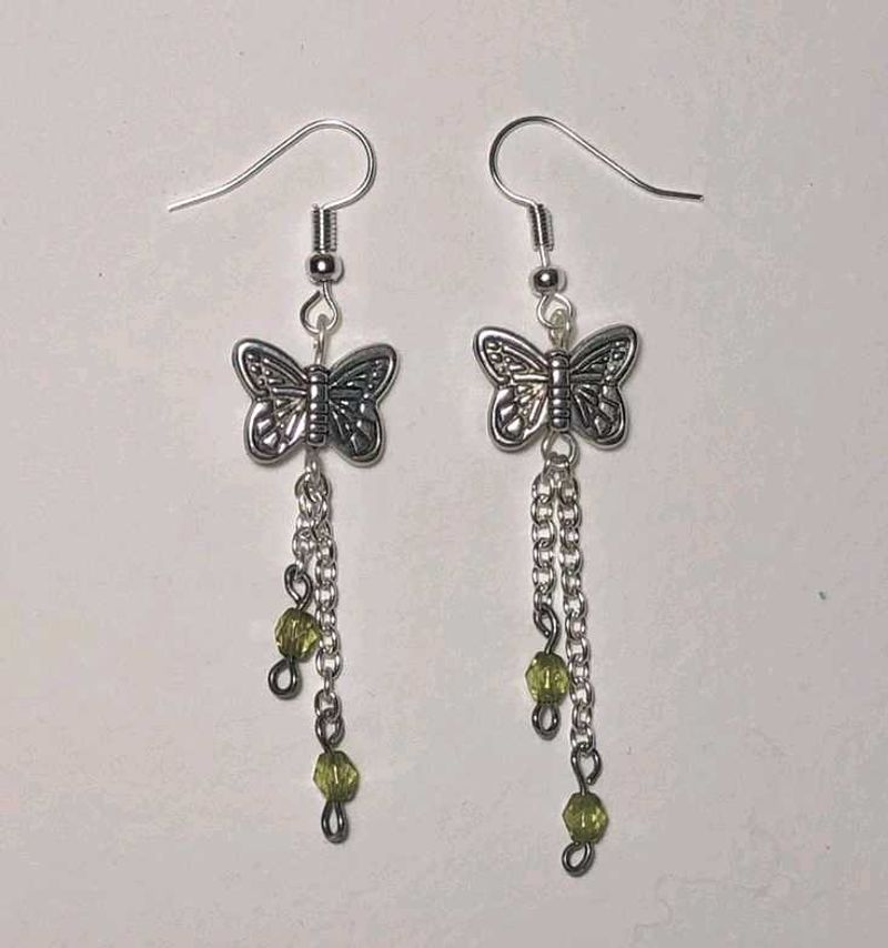 Butterfly Dangle Earrings with Green Beads
