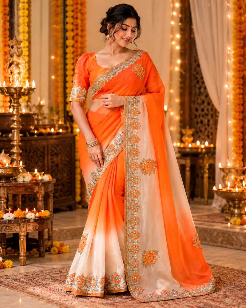 Elegant Orange Ombre Embroidered Saree