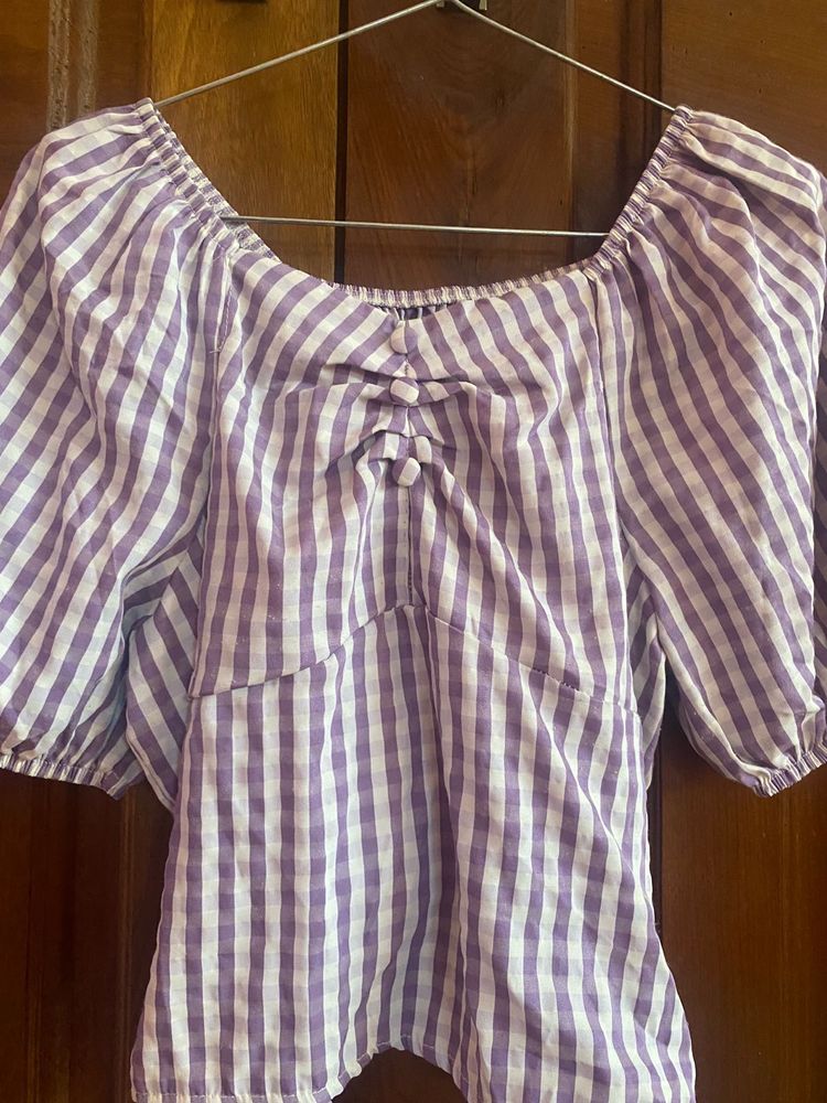 Striped Puff Sleeve Tie-Up Top