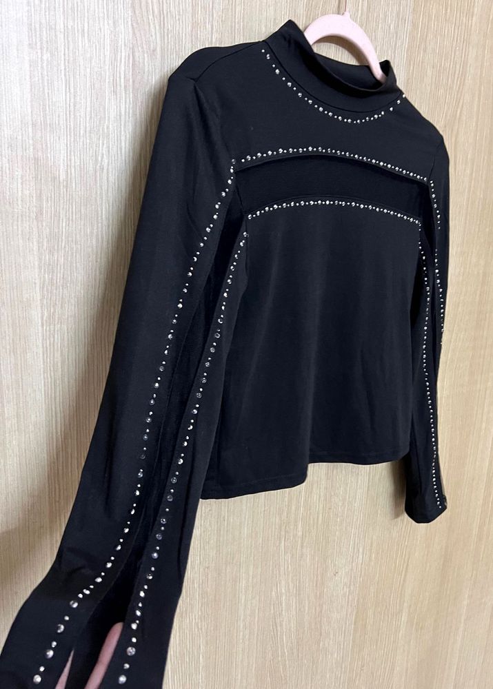 Edgy Black Mock Neck Top with Studded Cut-outs