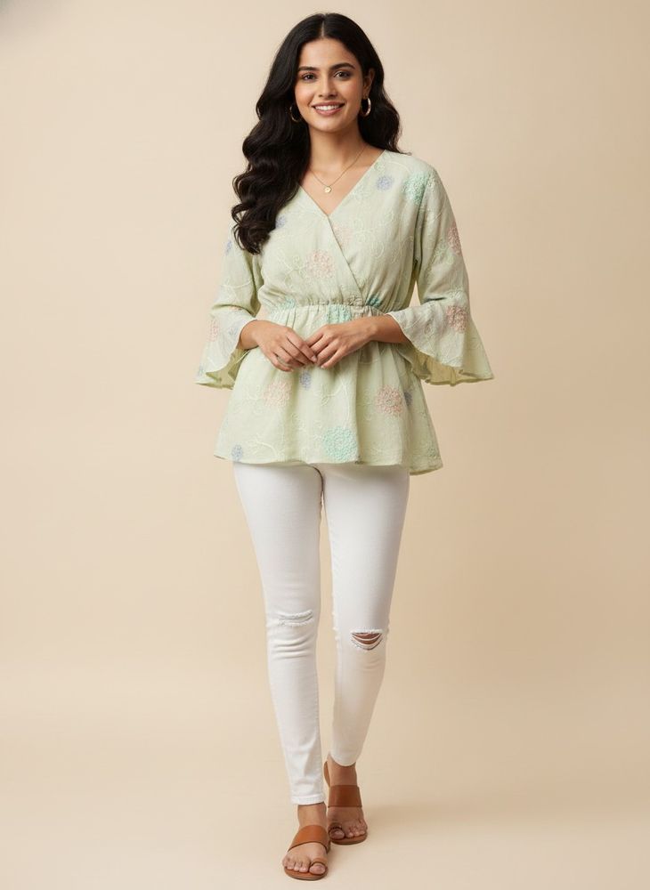 Light Green Embroidered Bell Sleeve Top