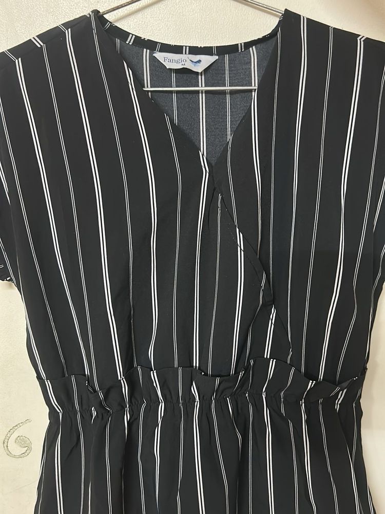 Chic Black &amp; White Striped Wrap Dress