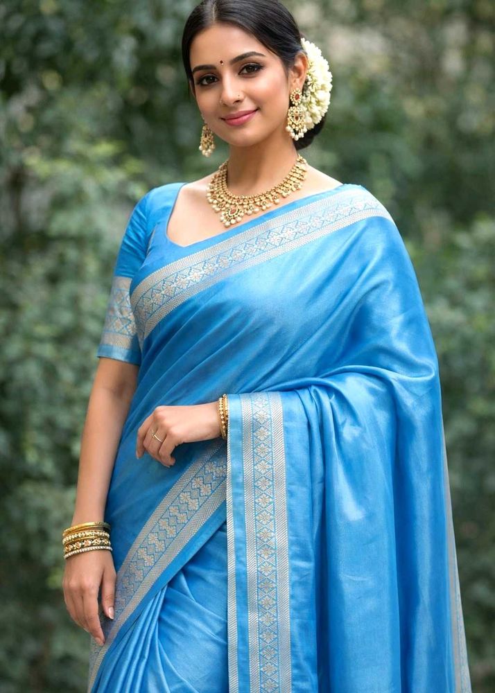 💙Elegant Blue Silk Saree With Blouse 💙