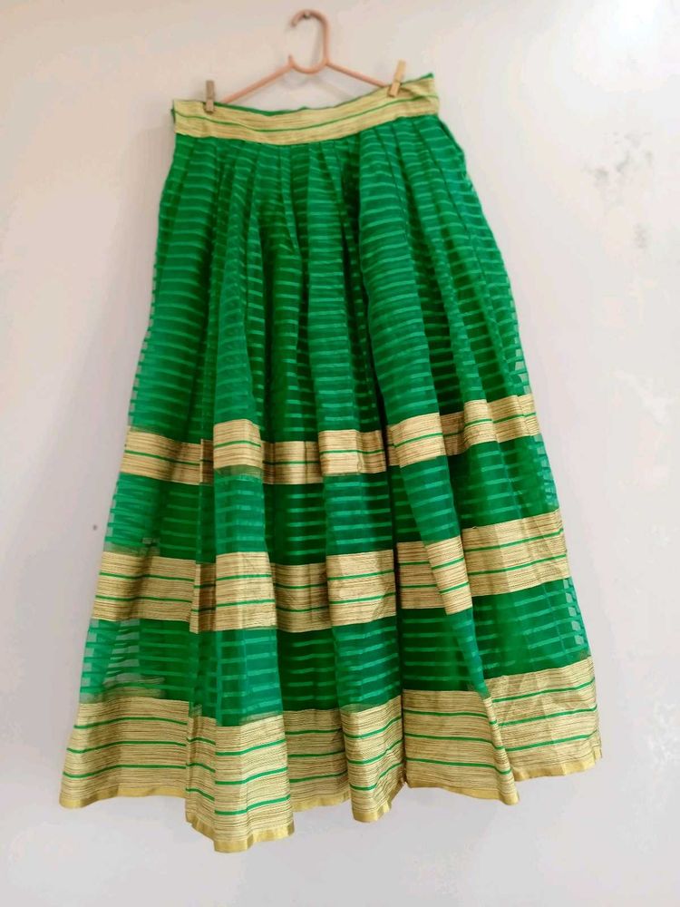 Vibrant Green Ethnic Skirt with Gold Stripes