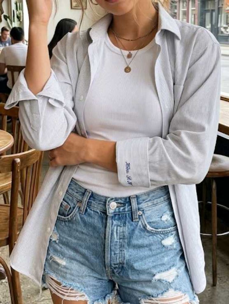 White Vertical Striped Shirt Casual + Formal
