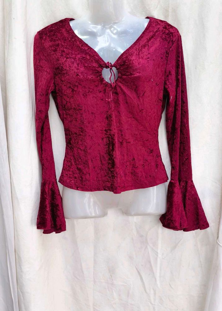 I. Burgundy Velvet Long Sleeve Top