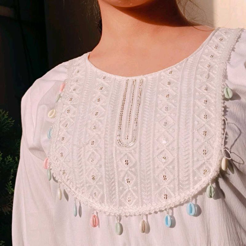 White Chikankari Kurta with Pastel Shells