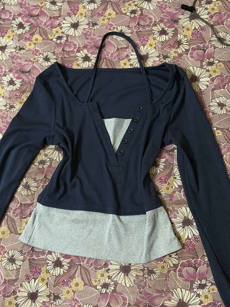 Savana Chic Navy and Grey Long Sleeve Top