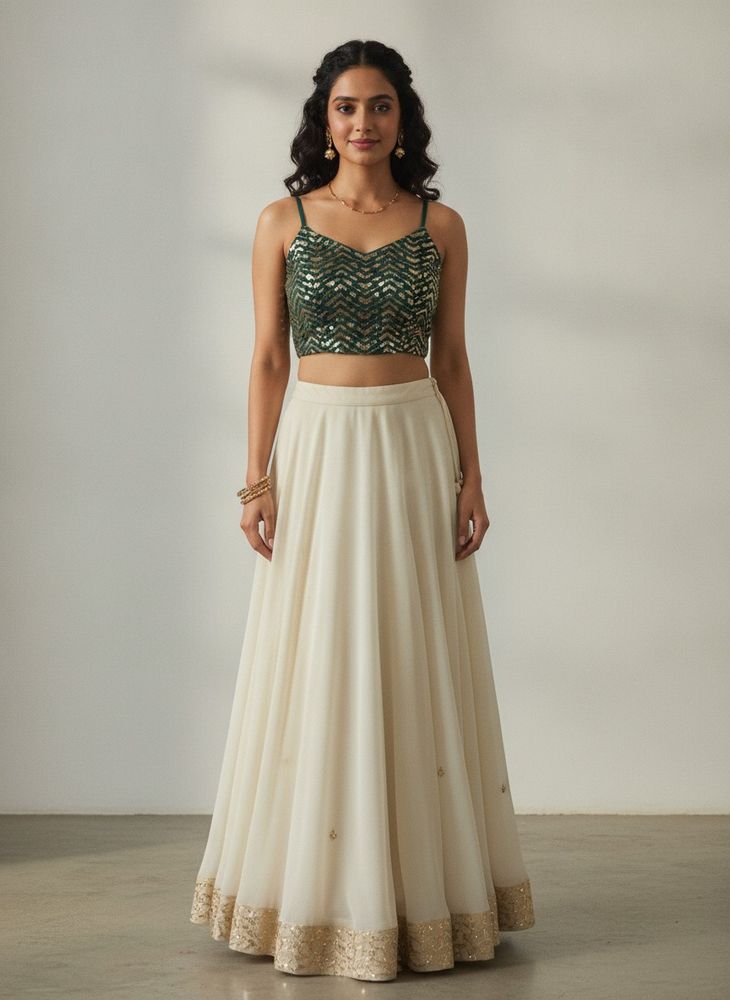 Sequin Embellished Green Crop Top/Blouse