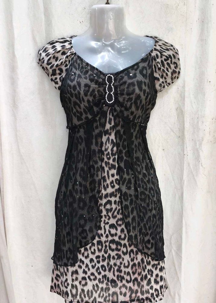 Leopard Print Sheer Overlay Dress