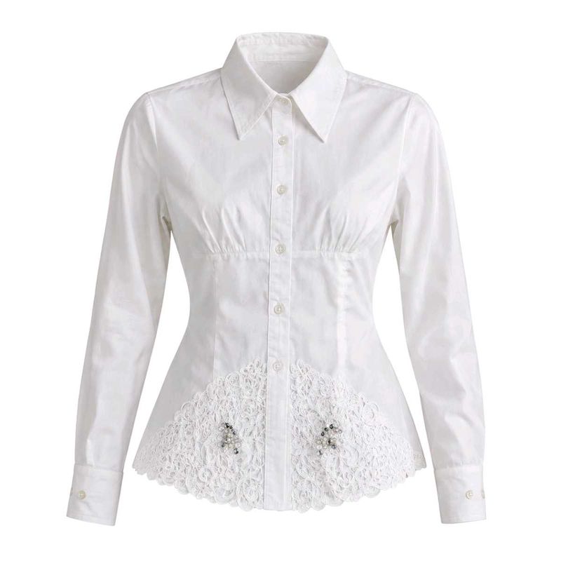 Elegant White Button-Down Shirt with Lace D