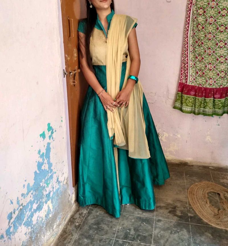 Elegant Teal and Beige gown