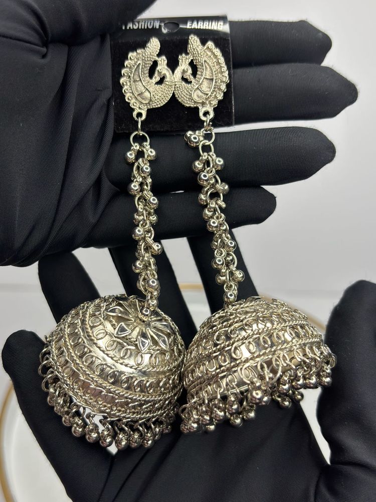 Silver Peacock Jhumka Earrings
