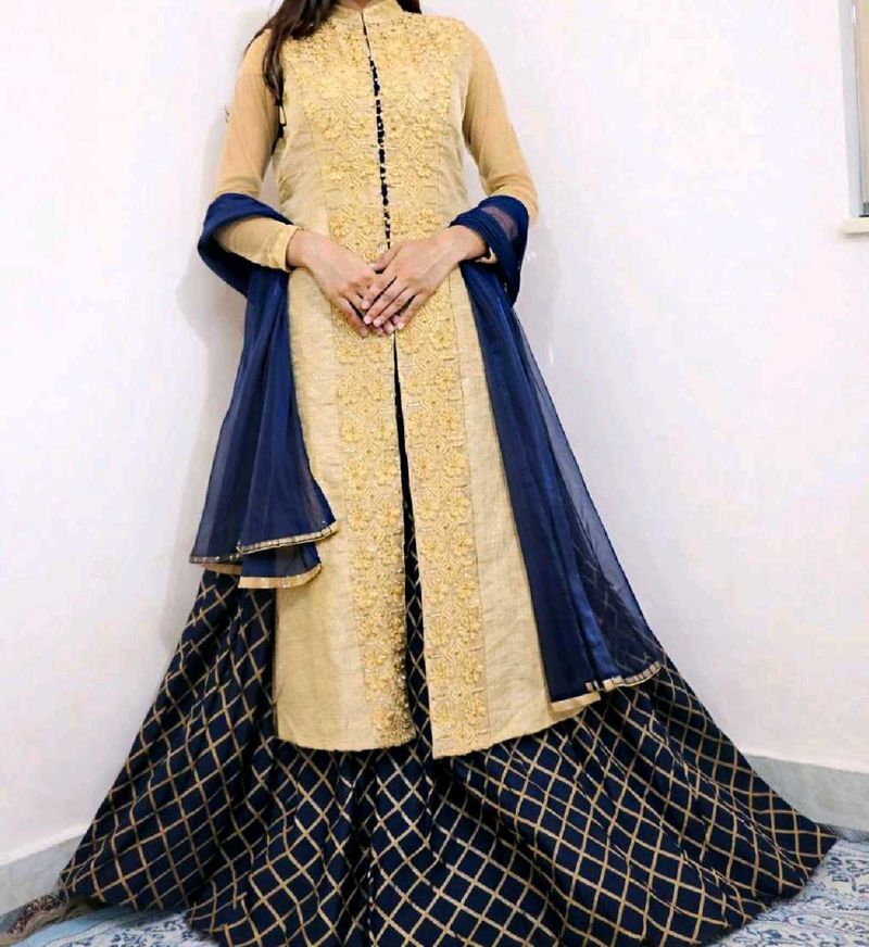 cotton silk Gold &amp; Navy Blue Lehenga Set
