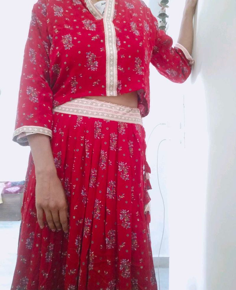 Red Floral Ethnic Skirt &amp; Top Set