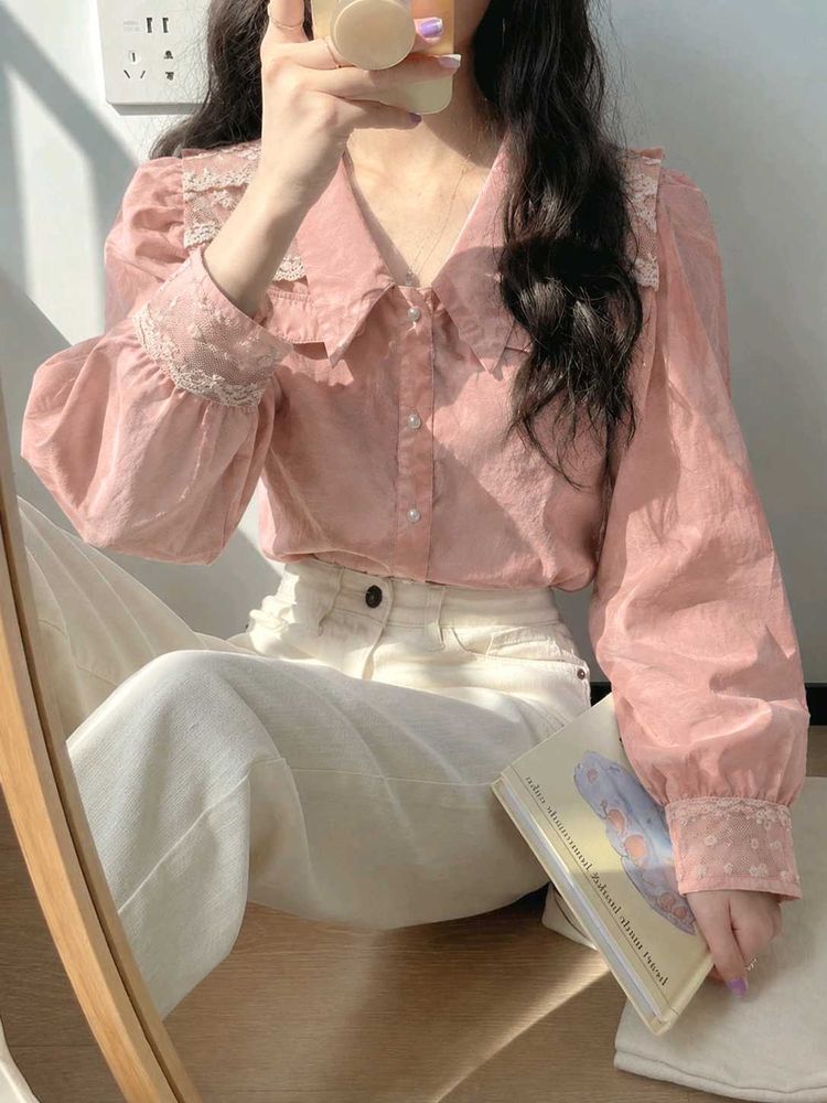 Korean Pintrest Pastel Pink Lace Trimmed Collared