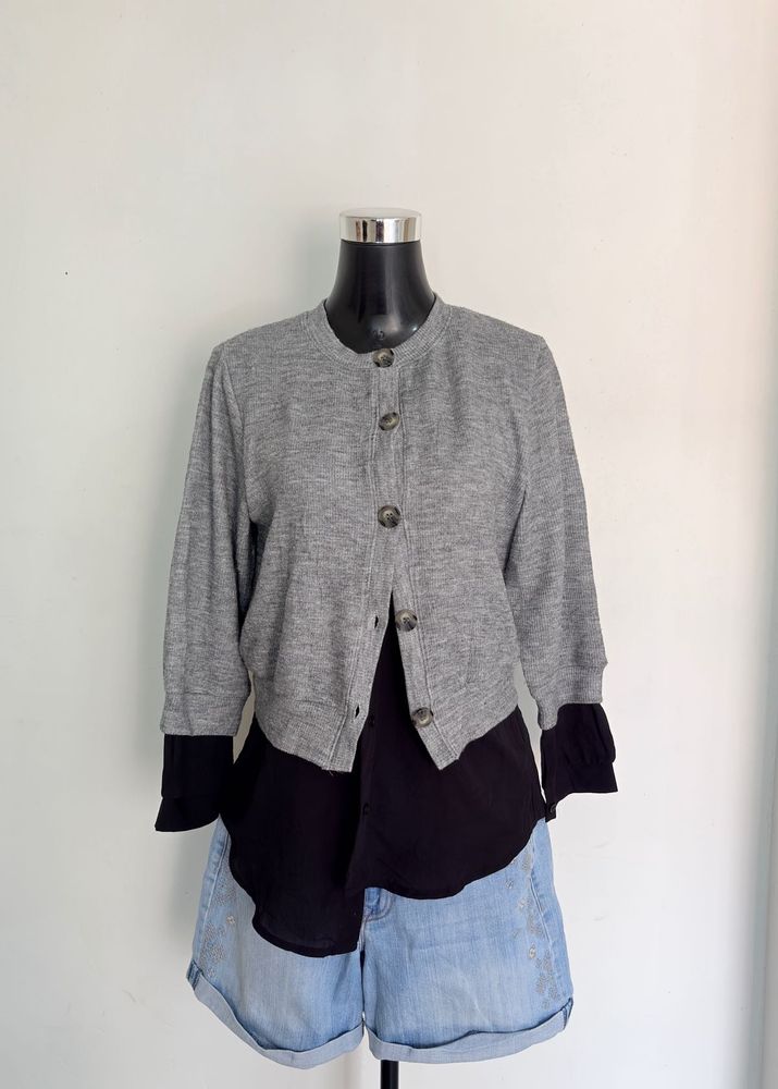 Gray Cardigan with Black Layered Top