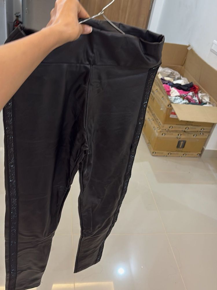Black Faux Leather Leggings with Sequin Trim