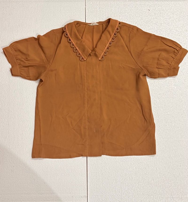 Chic Collared Brick red Blouse with Lace Trim