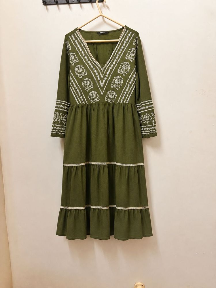 Olive Green Embroidered Tiered Dress