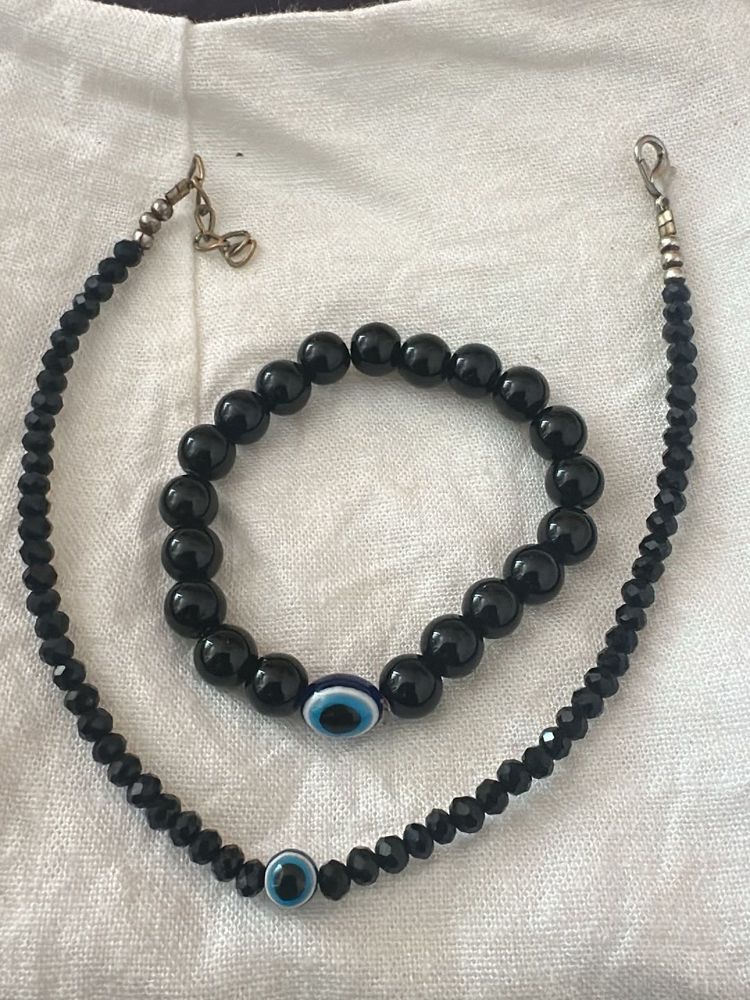 Black Evil Eye Necklace &amp; Bracelet Set