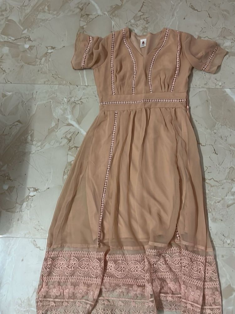 Elegant Peach Lace Trim Dress