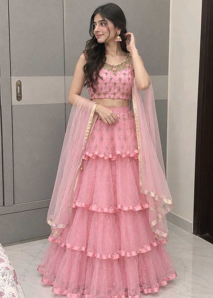Stunning Pink Tiered Lehenga Choli