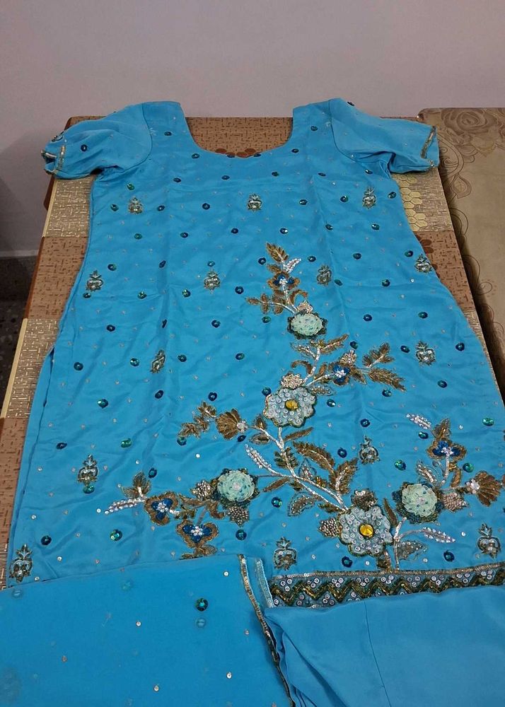 Blue Crepe Suit With Heavy Stone Work