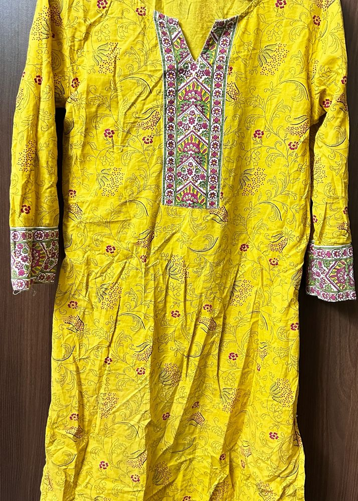 Yellow straight cotton kurti