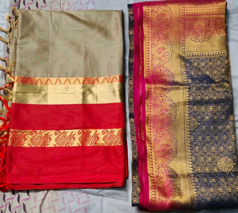 2 Saree Combo - Red &amp; Gold, Pink &amp; Blue