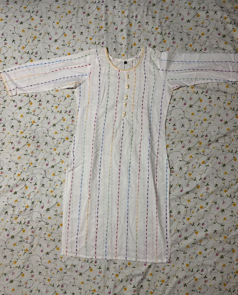 Elegant White Kurta with Colorful Embroidery