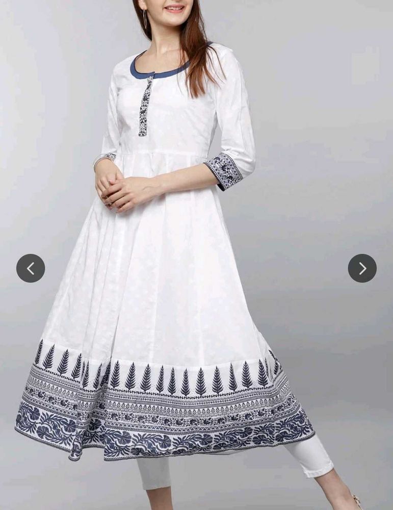 Women White &amp; Navy Blue Printed Anarkali Kurta