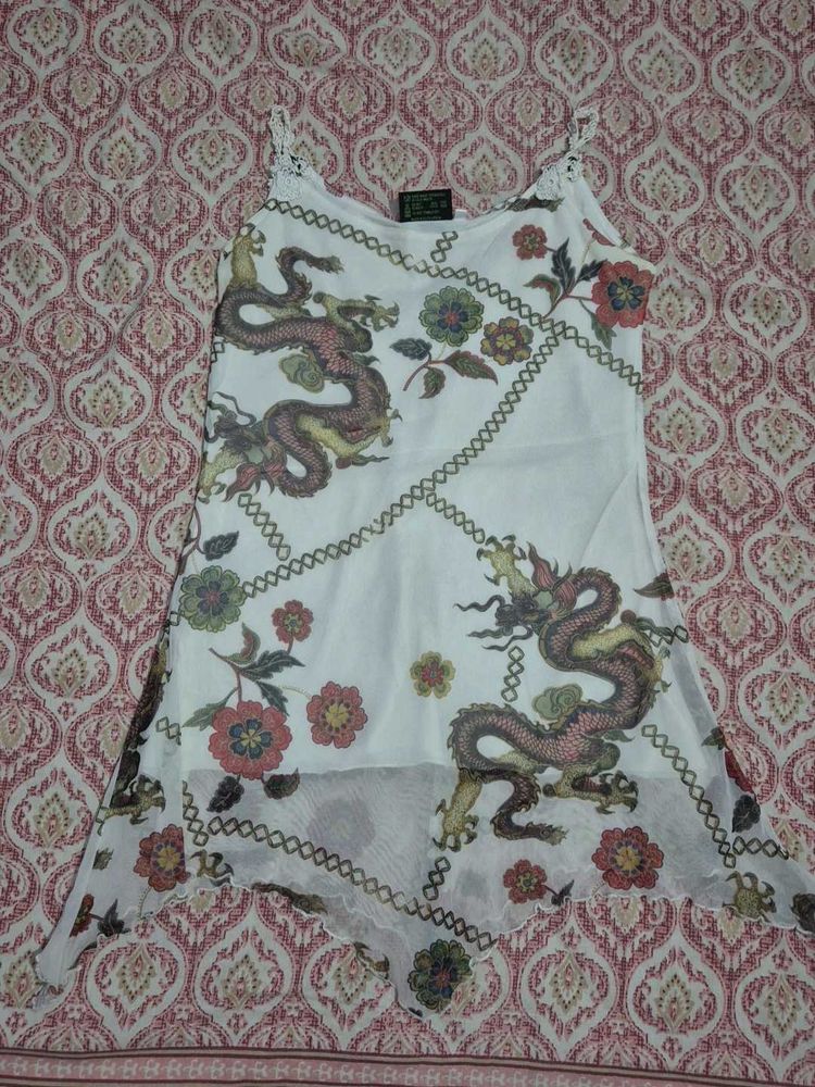 White Dragon Print Flowy Camisole Top